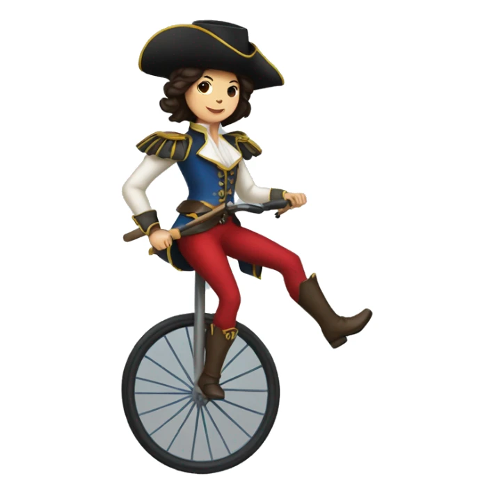 female musketeer riding a unicycle dark hair sticker