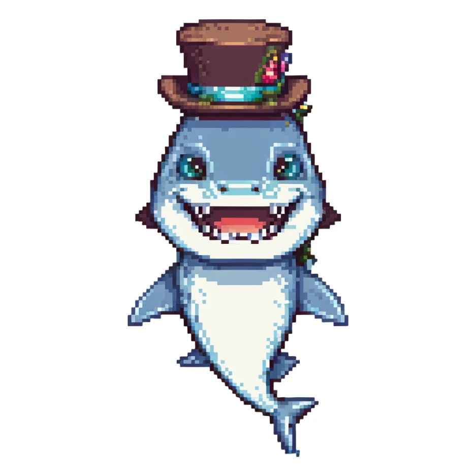 pixel art shark in a tophat, smiling sticker
