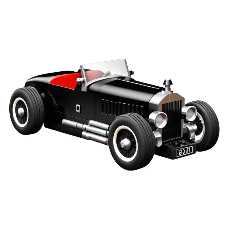 Wednesday Adam’s Blood stained Lego Satanic Darth Vader black Bare bones (channeled cowl) drag racing and speed record modified (fenders removed) chopped streamlined sporty roadster that is a (stripped down) hot street rodded engine sports car 1952 Rolls Royce Woody futuristic  wide racing wheels sticker