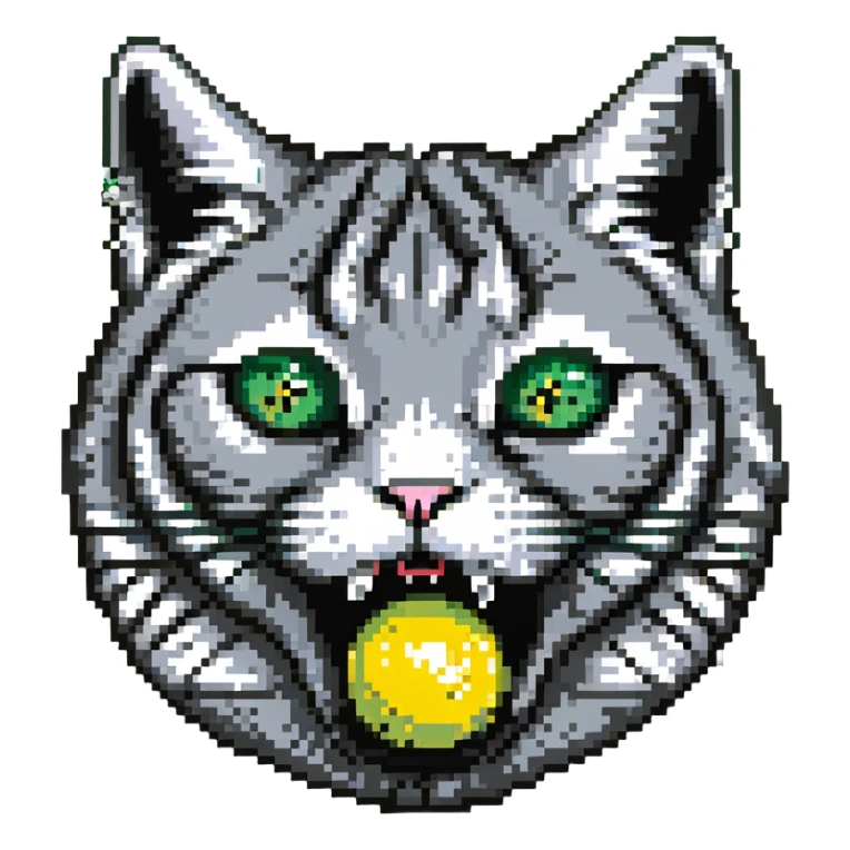 gray cat head with black stripes, large green eyes, big black pupils, mouth open, small solid yellow ball in mouth sticker
