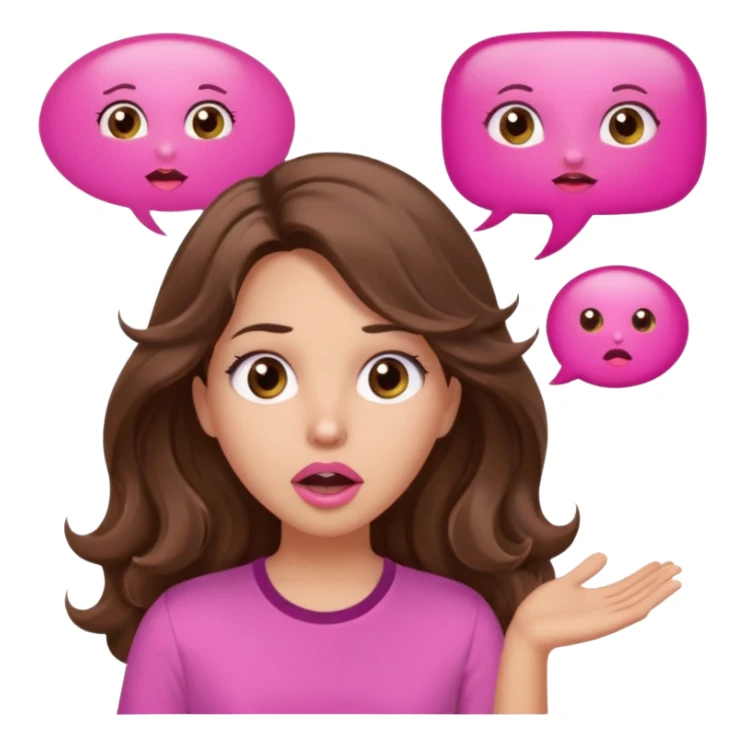girl with long wavy brown hair, brown eyes, light to medium complexion, in a pink shirt, pink lips, long lashes, surprised, wow speech bubble sticker