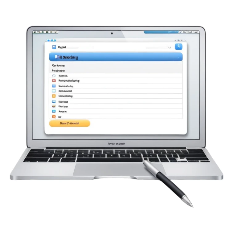 online booking system on MacBook screen next to old-style paper notebook with pen sticker