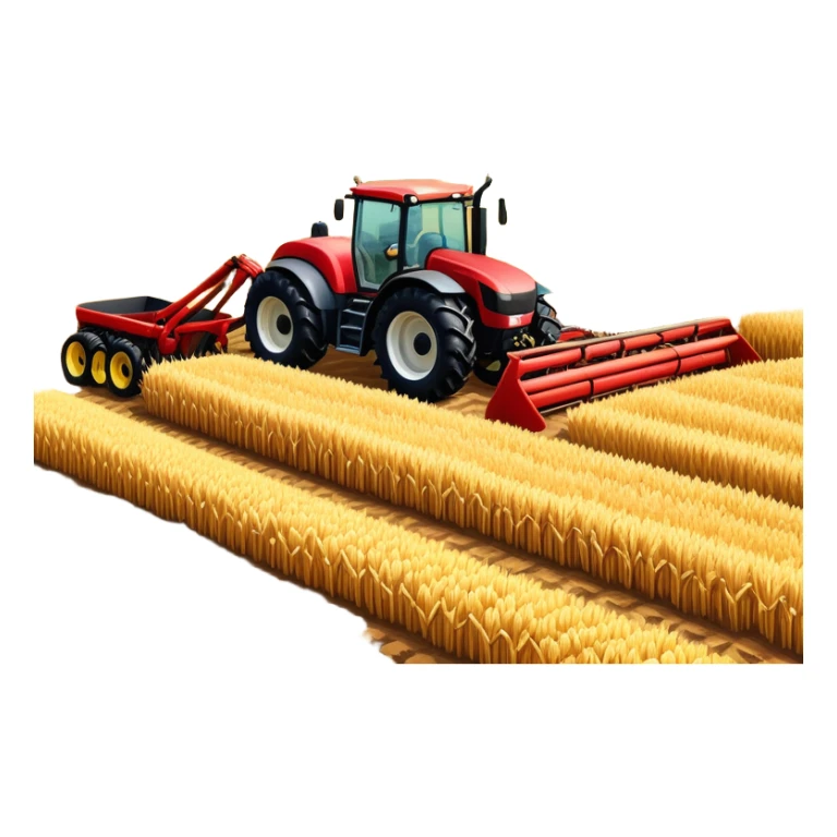 An icon representing a farming simulator, with a detailed tractor plowing fields under a bright sky with rural landscape. The design includes farming tools, crops and barns, symbolizing the immersive experience of managing a farm. Transparent background. sticker