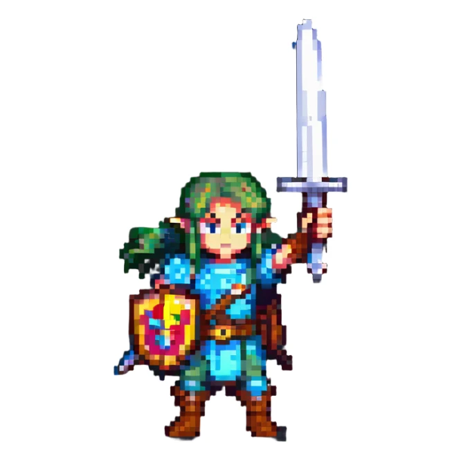 Link from The Legend of Zelda, pixel art style, holding a sword up, classic pose sticker