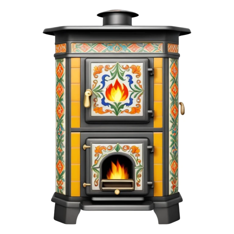 Ornamental European coal stove from the 1900s with ceramic tile decorations, tall design with metal door and coal burning inside sticker