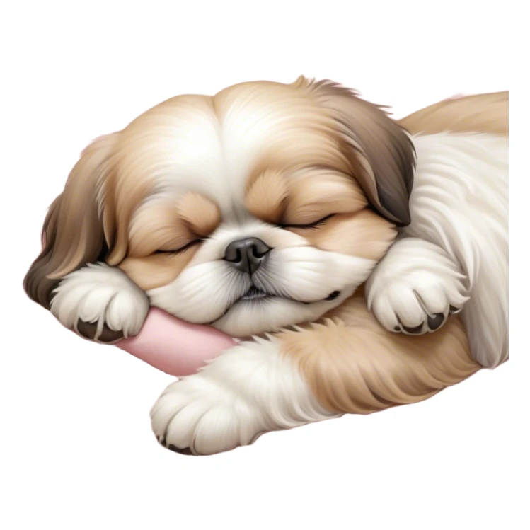 Meme-Worthy Cute Sleeping Shih Tzu Portrait Emoji, Head resting peacefully with a tender, contented smile and eyes delicately closed in serene slumber, showcasing a luxuriously fluffy fur in soft pastel tones, simplified yet irresistibly adorable, highly detailed, glowing with a warm, drowsy radiance, high shine, exuding calm, cozy charm, styled with a gentle, soft glowing outline, capturing the essence of a sleeping Shih Tzu that radiates utterly adorable, sleepy bliss! sticker