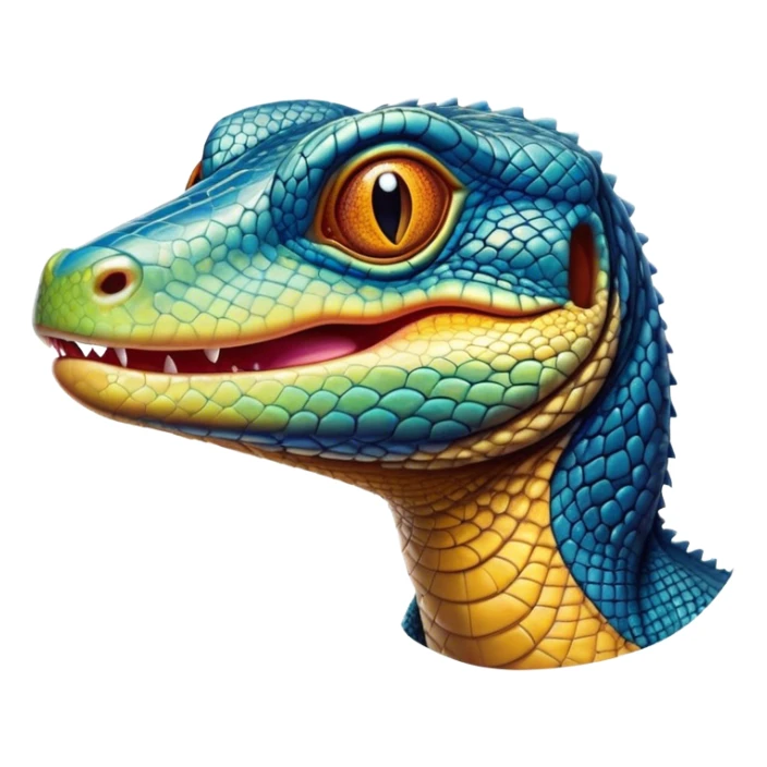 Cinematic Realistic Comical Monitor Lizard Portrait Emoji, Head tilted dramatically with an exaggeratedly amused expression, featuring a striking, glossy scaled hide with bold, angular textures and wide, expressive eyes full of playful disbelief, rendered with lifelike precision and natural vibrant hues, high shine, dramatic yet playful, styled with an air of cheeky wilderness mischief, soft glowing outline, capturing the essence of a spirited and over‐the‐top monitor lizard that looks ready to scurry its way into viral fame! sticker