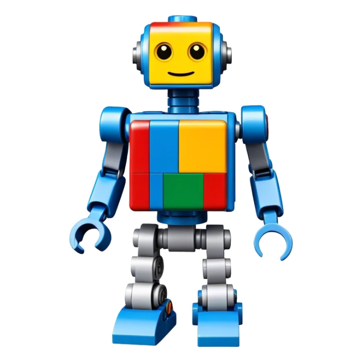 A photorealistic icon featuring a detailed robot figure built from LEGO bricks, with intricate parts and colorful pieces. The design includes the LEGO logo subtly visible, with a focus on the craftsmanship and creativity of the build. Transparent background. sticker