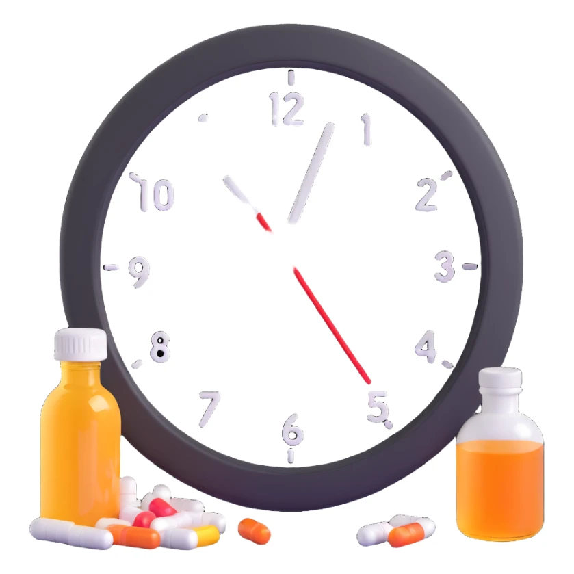 wall clock with pills around it and a syrup bottle sticker