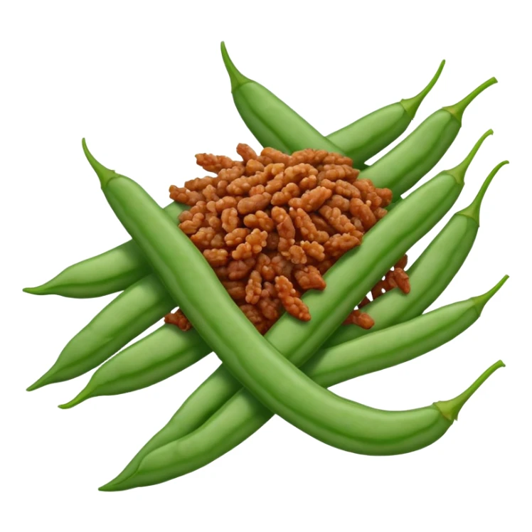 Dry Fried String Beans with minced pork and spices, simplified emoji style with bold outlines and bright colors, cartoon style Gan Bian Si Ji Dou sticker