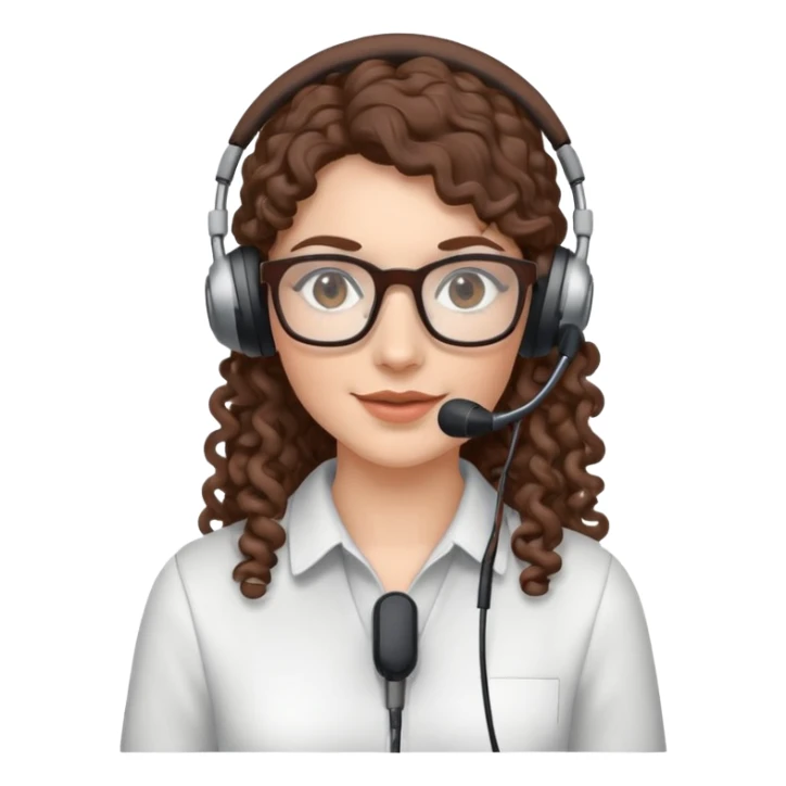 White female  Long Brown curly hair  Dark brown eyes  Small Square glasses  Headset with microphone sticker