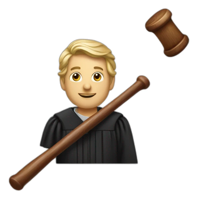 male judge holding a small woodden hammer sticker