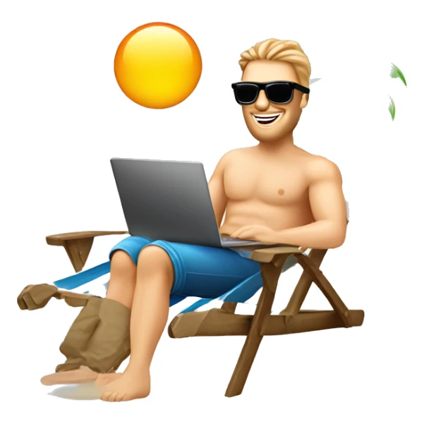 happy caucasian man in sunglasses working on laptop in beach chair, palm tree sticker
