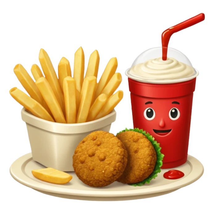 falafel and fries, with two containers with  red sauce and white sauce  sticker