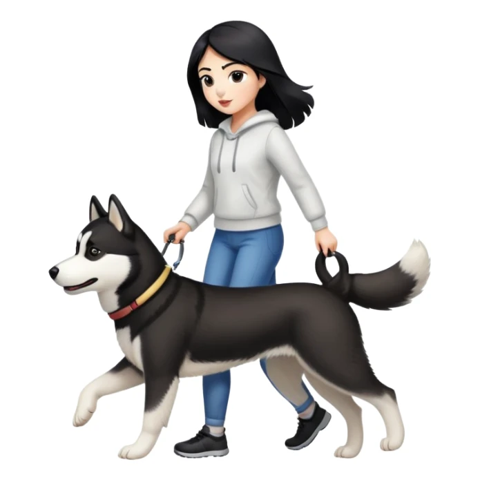 A black-haired girl walks a black and white husky sticker