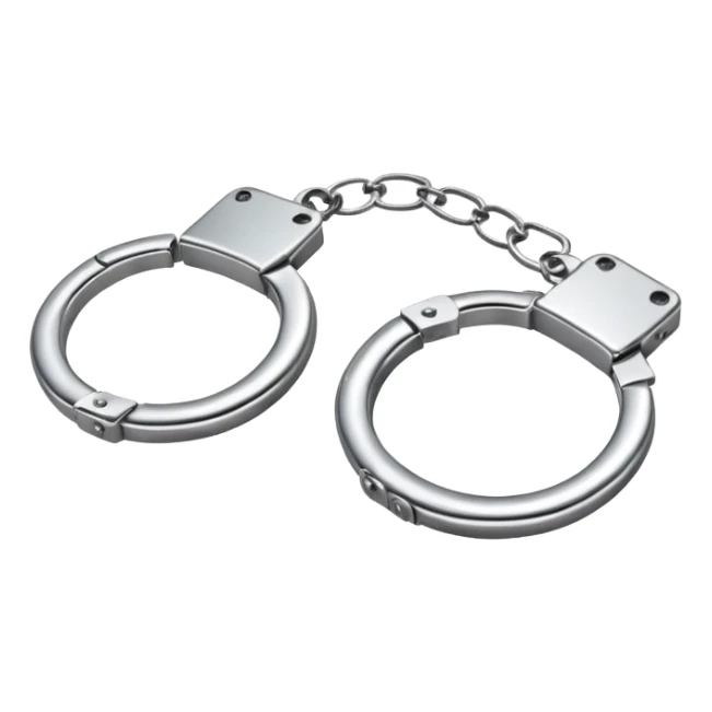 A pair of elegant handcuffs emoji made of silver chrome, smooth rounded design, glossy metallic reflections, luxury fetish aesthetic, minimal iOS emoji style, centered, clean white background sticker