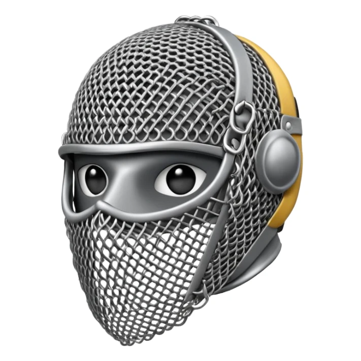 3D render oFencing Mask, made of interlocking chainmail metal rings, wire mesh texture, visible holes and negative space, metallic silver and grey, high contrast shadows, emoji style, isolated on white background --v 6.0. sticker