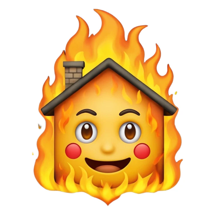 Create a comically crazy looking emoji that looks lost and confused. Have it related to emotional damage for theme with a house burning in background sticker