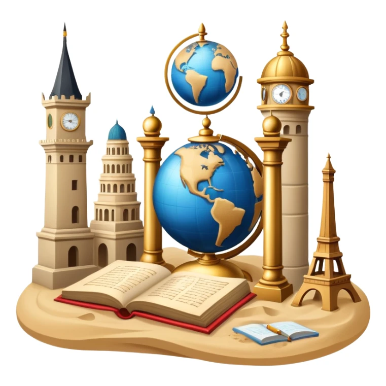 icon featuring ancient scrolls, quill pen, and a globe, with famous historical landmarks and monuments in the background. Large, antique sand clocks with sand pouring out represent the passage of time. Historical figures are depicted as statues. Transparent background. sticker