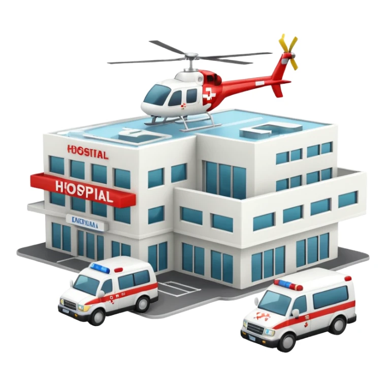 3d hospital outside, with text hospital, ambulance, helicopter , no background sticker
