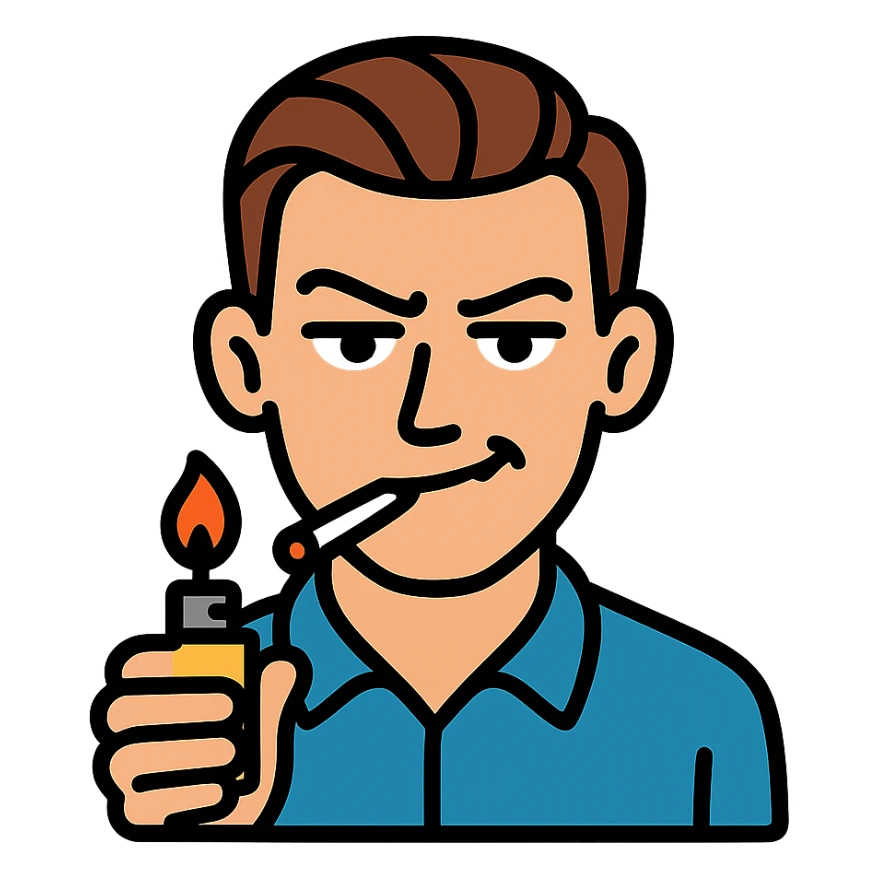 a guy with hazel eyes and slicked back brown hair stay with a lighter and a cigarette in his mouth with a sly expression on his face sticker