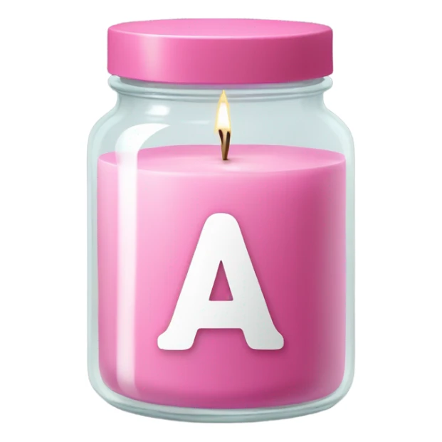 A pink candle in a jar with a white sticker and the inscription a sticker