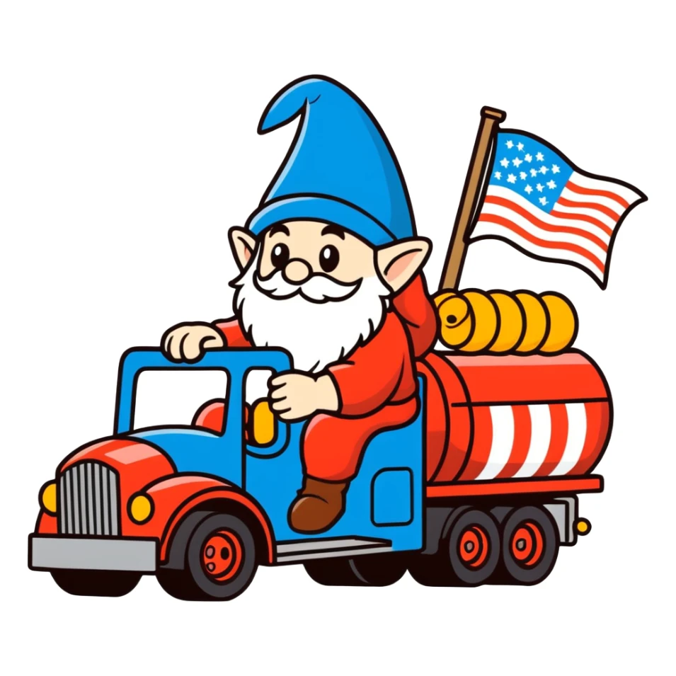 Fourth of July gnome driving a fuel truck sticker