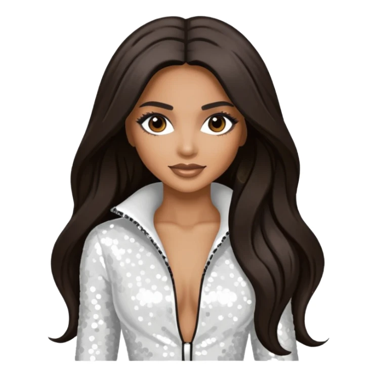Ciara with long dark brown hair, white sequin outfit sticker
