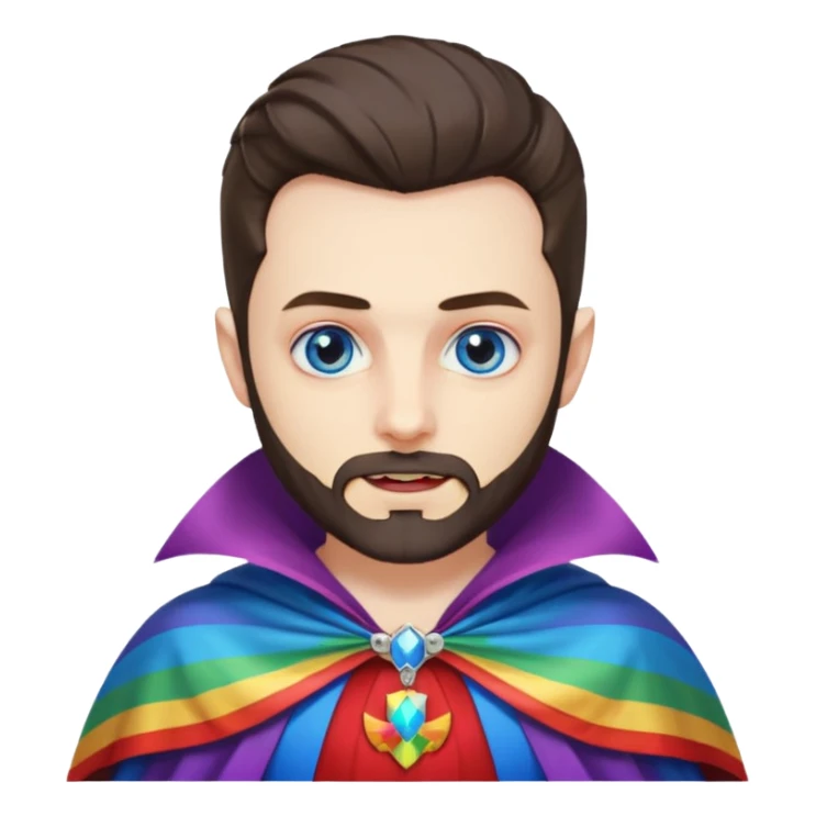 Vampire with blue eyes, short beard/scruff and rainbow cape sticker