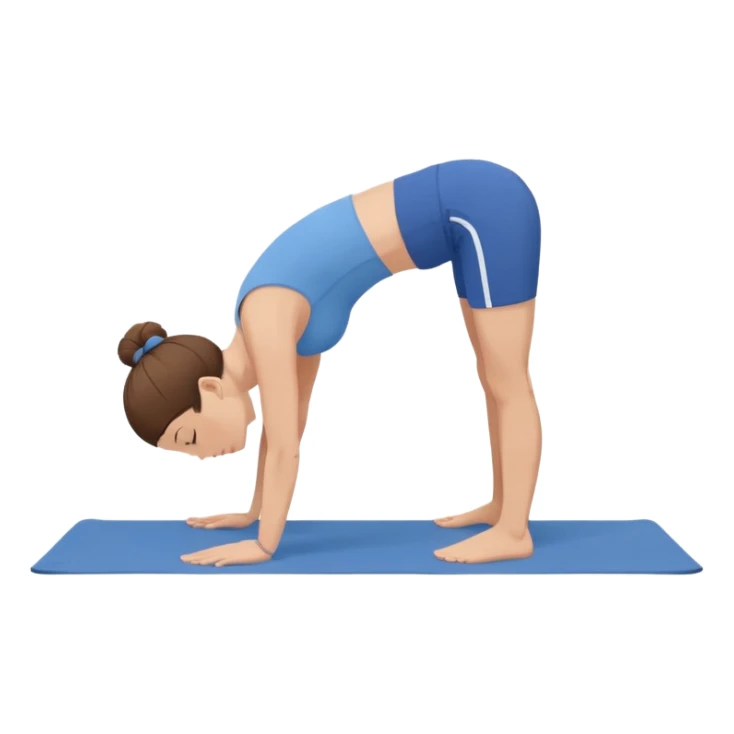 Minimalist flat vector illustration of a woman doing yoga in forward fold pose (Uttanasana), wearing sportswear (blue top and blue shorts), brown hair in a bun, clean white background, no face details, elegant style sticker