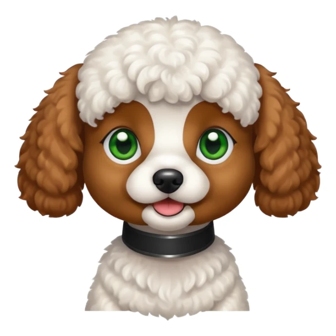 White toy poodle with green eyes and brown nose sticker