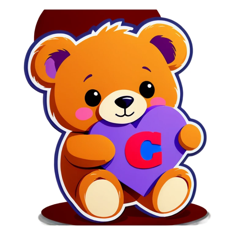teddy bear holding a lilac heart with the letter C inside the heart sticker