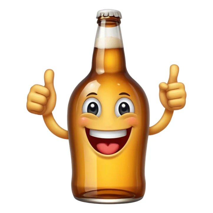 A beer bottle with a big smile and expressive eyes giving a thumbs-up sticker