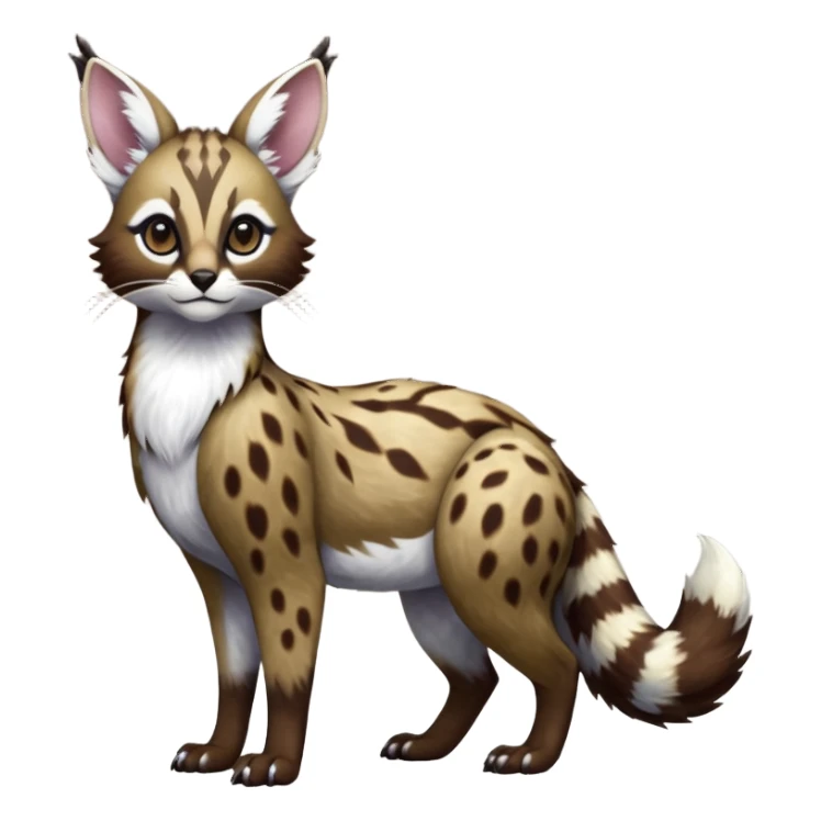 Colorful dark realistic chocolate-brown tropical beige fur glorious divine exotic cute cool beautiful shiny beautiful fantasy-Furret-Eevee-caracal-civet-genet-sergal-vernid-Cacomistle-oncilla-animal-Fakémon-hybrid-fursona with white deer-spots pattern markings (full body) sticker