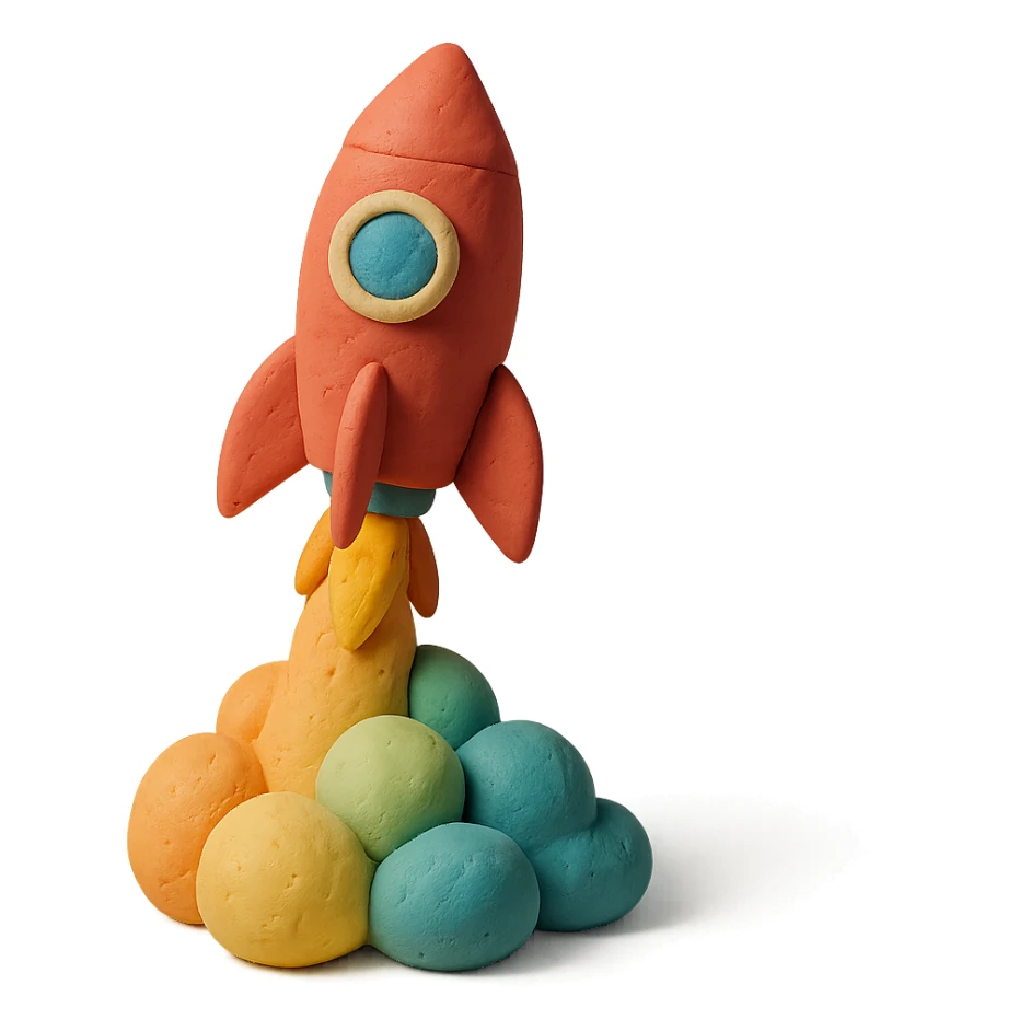 rocket ship blasting off with colorful smoke, matte finish, pastel colors, visible fingerprints, claymation style sticker