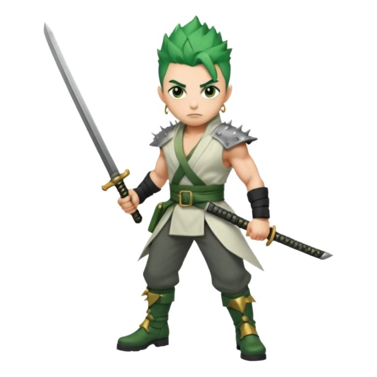 Muscular scarred warrior, short spiky moss-green hair, sharp steel-grey eyes, strong jaw, serious stare. Black trousers, boots, green sash with three katanas, open white coat, three gold earrings. Cinematic, ultra-realistic. (Roronoa Zoro) sticker