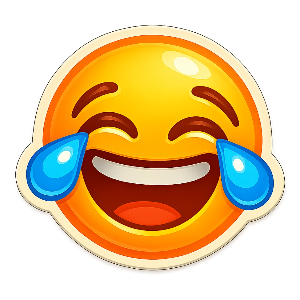Twitch subscriber emoji showing laughter, bright colors, expressive eyes, open mouth, joyful vibe sticker