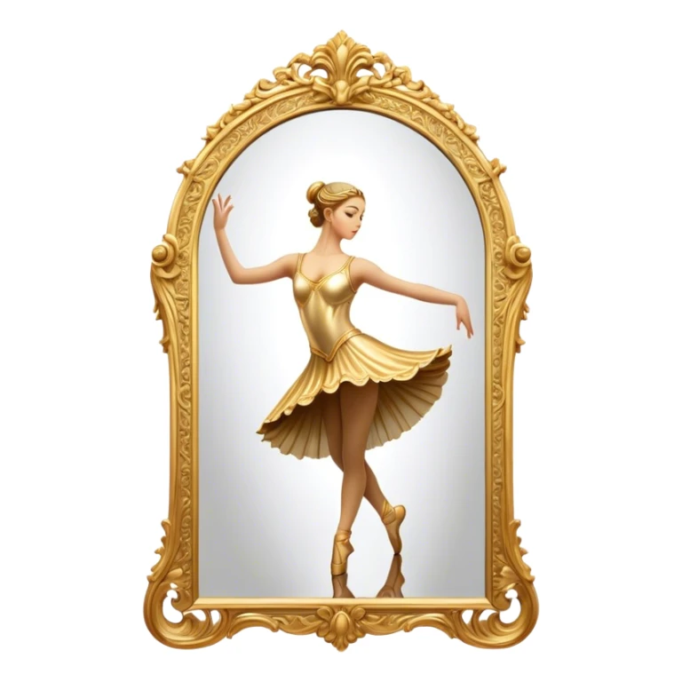 Cinematic Realistic Mirror, a large, ornate mirror reflecting a dancer’s poised silhouette, soft golden light creating depth, slight smudges on the glass adding realism, glowing with a timeless and artistic presence. sticker