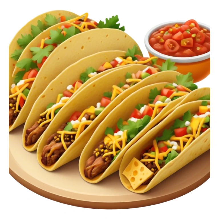 Cinematic vibrant tacos, warm soft shells filled with flavorful meats, fresh vegetables, cheese, and zesty salsa, colorful and lively, ultra-detailed and appetizing. sticker