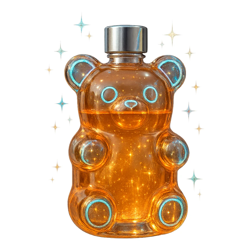 prabangus eliksyro buteliukas, guminuko meškiuko forma, ryški permatoma spalva, sidabrinės ir holografinės detalės, labai mažas kaklelis, vientisas dugnas, buteliukas plūduriuoja ore, be pagrindo ar šešėlio, modernus, kolekcijai tinkamas, dar daugiau magiškų efektų sticker