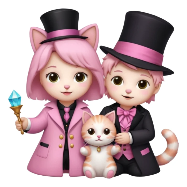 Aesthetic pink teddy magician couple and their pet cat sticker
