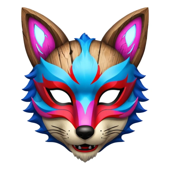 Ancient wooden mask, split in half, luminous and neon with red, blue and pink fox-like glow. sticker