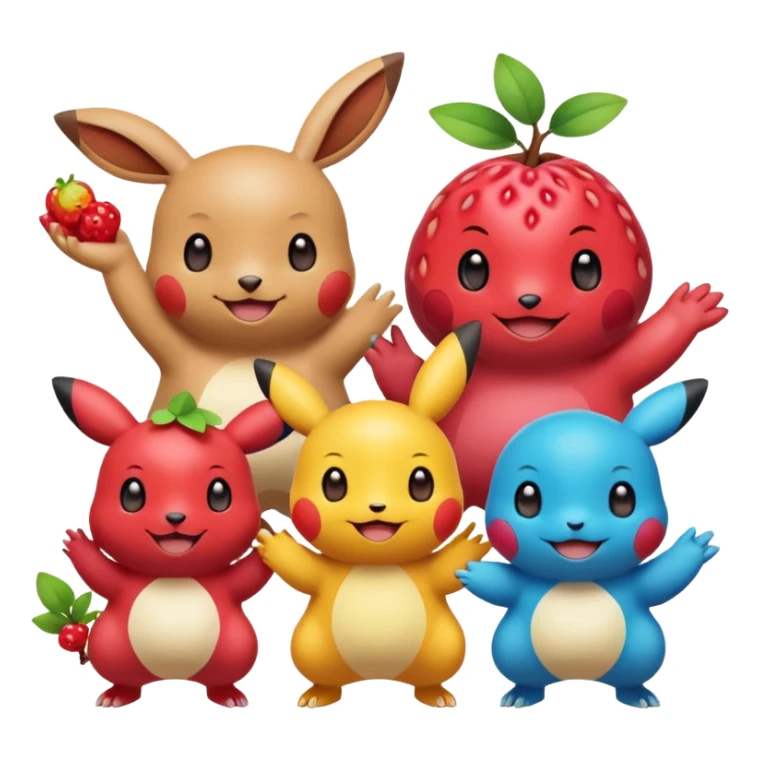 Three Pokémon characters showing kindness and teamwork. One Pokémon is handing a berry to another, while the third Pokémon is cheering and clapping happily. They look joyful and friendly, standing close together in a bright, colorful cartoon scene. The style is cute, playful, and emoji-like. sticker