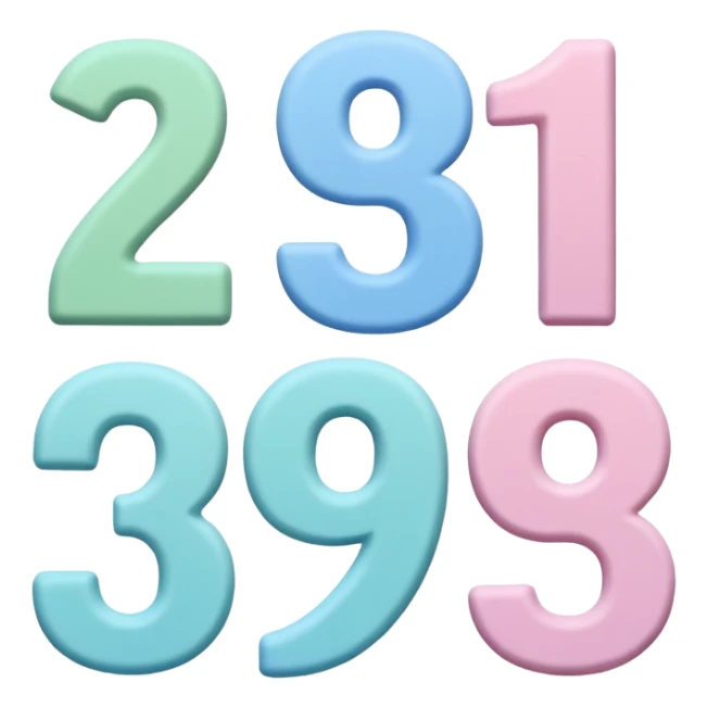Numbers 1, 2, 3 in pastel colors (pink, blue, green), Pixar-style 3D, hand-drawn texture, soft shadow, transparent background sticker