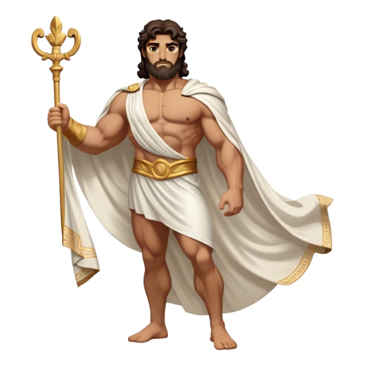 Cinematic Realistic Hercules Portrait, depicted as a classical Greek statue with a robust, muscular build and perfectly chiseled features. His bronze, sun-kissed skin has a timeless, marble-like quality, and his thick, wavy dark hair frames a face exuding determination and quiet nobility. Draped in a flowing white robe with subtle golden accents, the portrait is rendered under dynamic natural lighting that highlights every sculpted detail and evokes the majesty of ancient myth. sticker