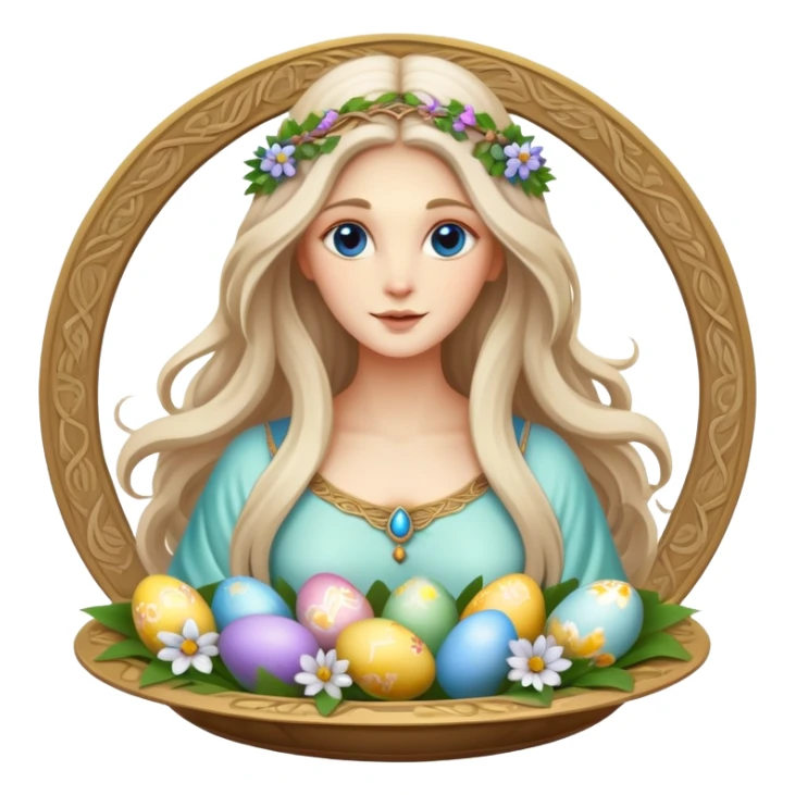 A beautiful goddess Eostre with flowing hair and spring flowers, holding Easter eggs and a Passover seder plate sticker
