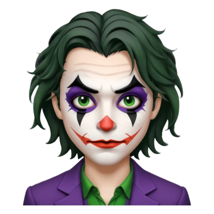 Faça uma pessoa com cabelo preto pouco bagunçado e pouco grande com cara de coringa sticker