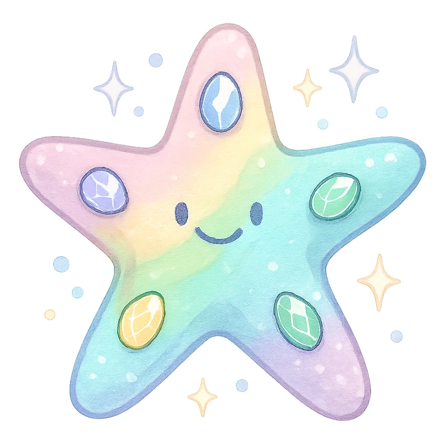 stylized sea star, pastel rainbow, sparkling jewels, soft highlights, slightly cartoonish, no background sticker