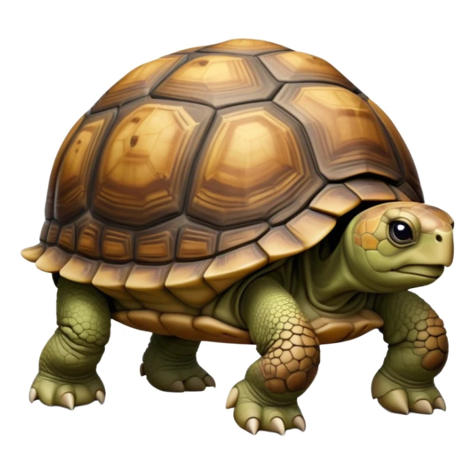 cinematic-tortoise-realistic-full-body-walking-emoji,-sturdy-domed-shell-in-rich-earthy-tones,-thick-scaled-legs-moving-slowly-but-deliberately,-wrinkled-wise-face-peering-ahead-with-calm-determination,-large cute eyes-reflecting-centuries of wisdom sticker