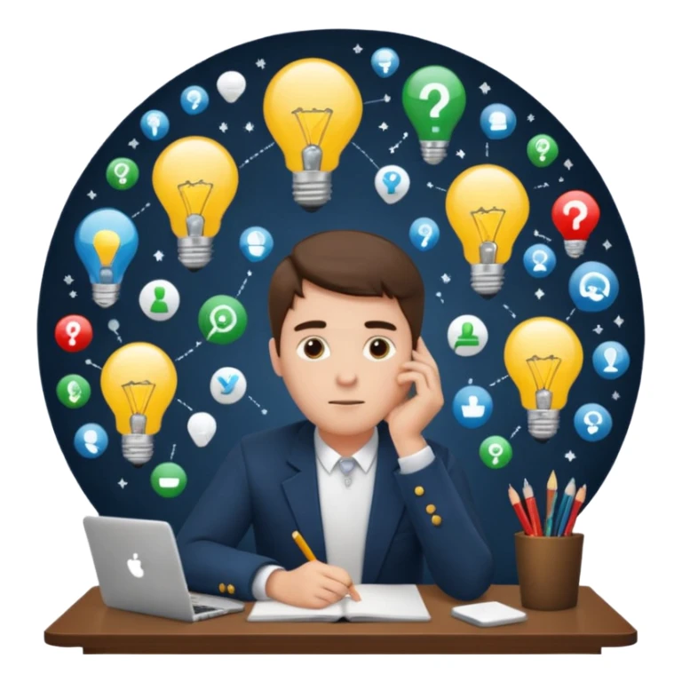 a man sitting at a desk, head resting on hand, imagining future careers, lightbulb and icons above head sticker